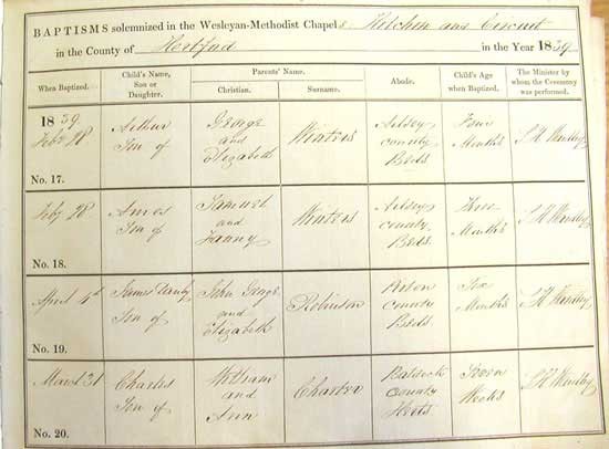 An entry from the baptism register of Brand Street Wesleyan Church in Hitchin. This document is kept at HALS reference number NM4/52.
